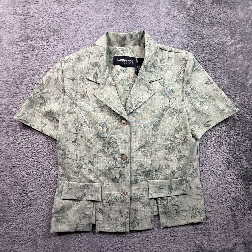 Sag Harbor VTG Floral Celadon Green Button Shirt Collared 10P Short Sleeve